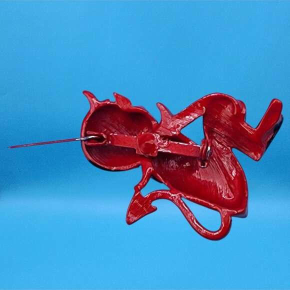 Vintage Red & Black Winking Devil Enamel Brooch MCM 50s Rare Red Black Version - Picture 9 of 10